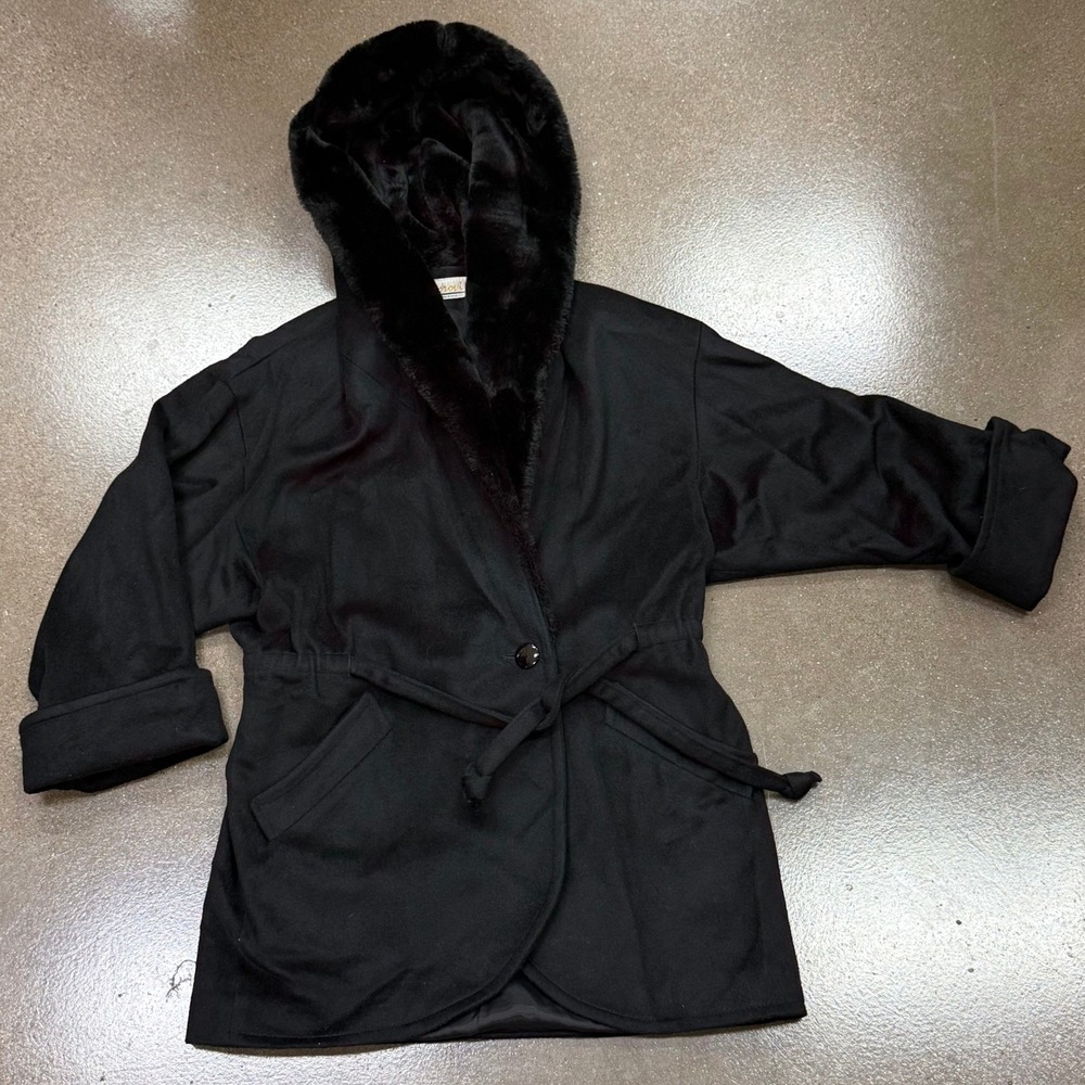 1970's VTG Lorovi Black 100% Pure Wool Faux Fur Hooded Parka Coat Made in USA